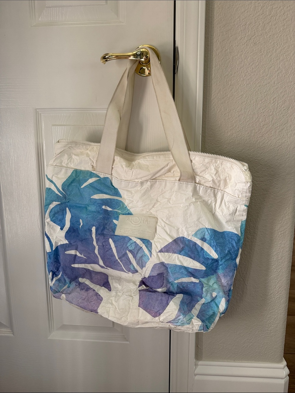 ALOHA Collection White Tote with Blue and Purple Leaf Print